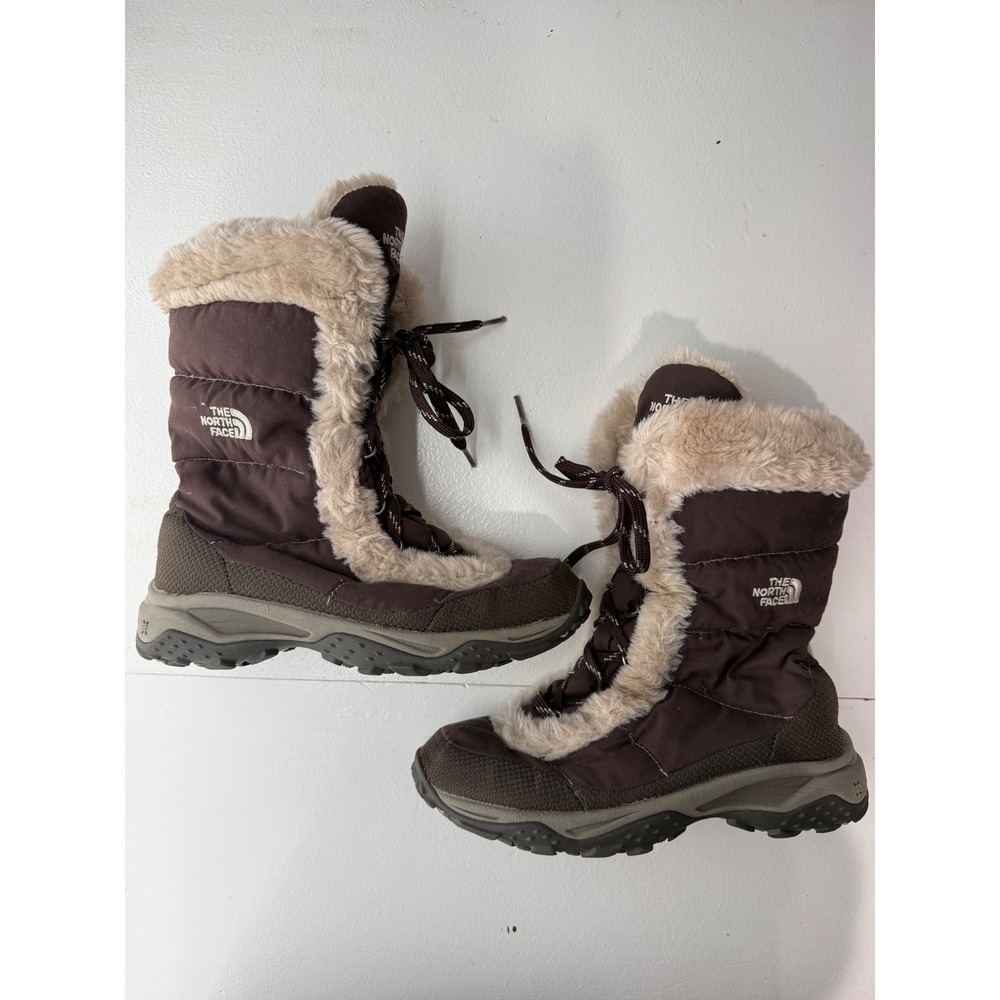 The North Face Women's Brown Faux-Fur Trim Insulated Snow Boots Goose Down 6.5
